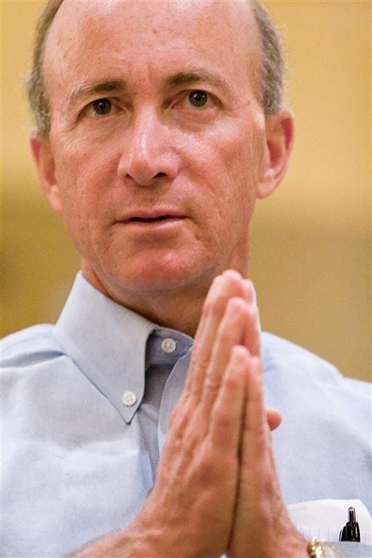 Indiana governor Mitch Daniels speaks with the members of the Indiana Associated Press Wednesday afternoon at French Lick Casino and Resort. Democratic candidate Jill Long Thompson and Libertarian candidate Andy Horning also addressed the group.