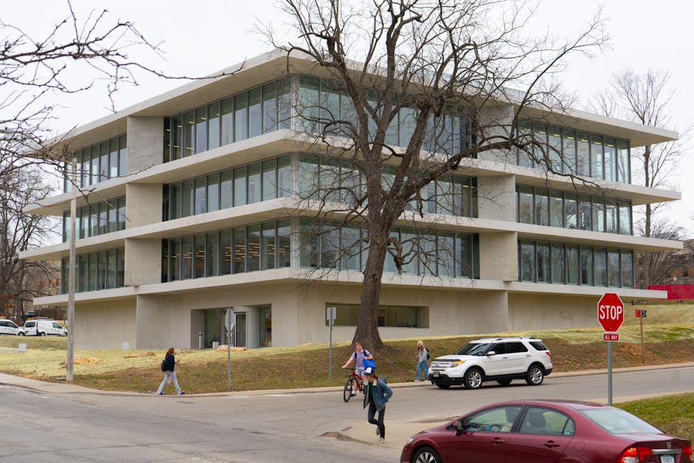 <p>The Stephen L. and Connie J. Ferguson International Center is seen on Feb. 14, 2022, at the corner of Eagleson Avenue and Seventh Street. The new building will serve as a hub for international students and for students looking to study abroad.</p>