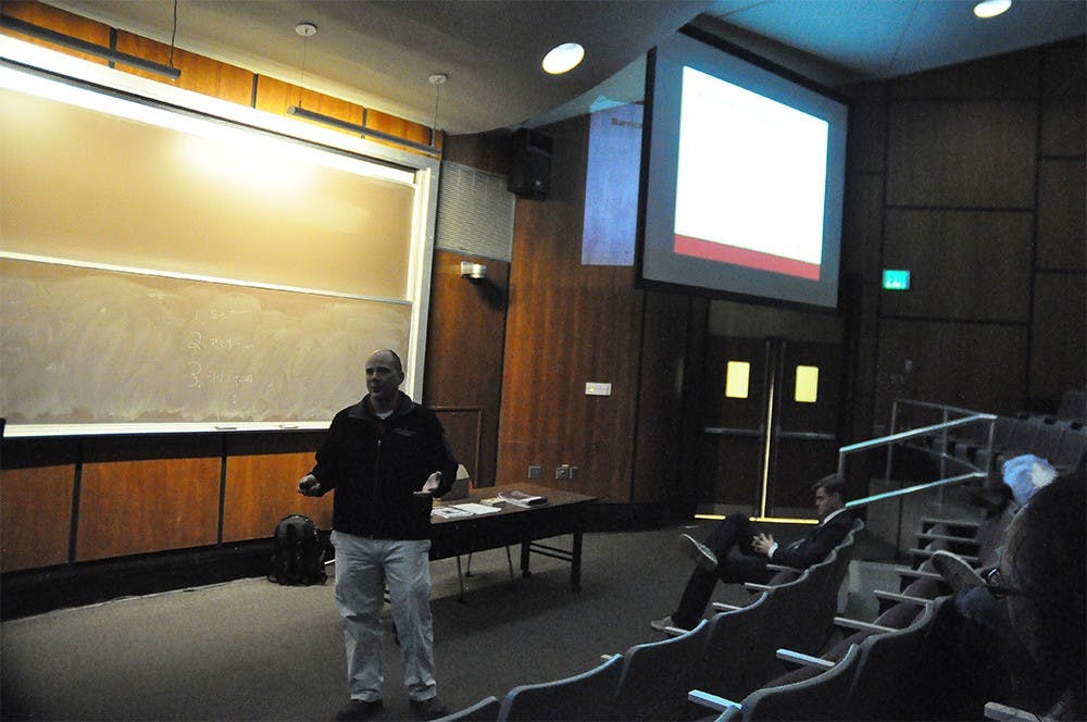 Emergency Management Coordinator John Summerlot gives a presentation about an active shooter emergency plan at the GPSG meeting on Friday in Hodge Hall. 