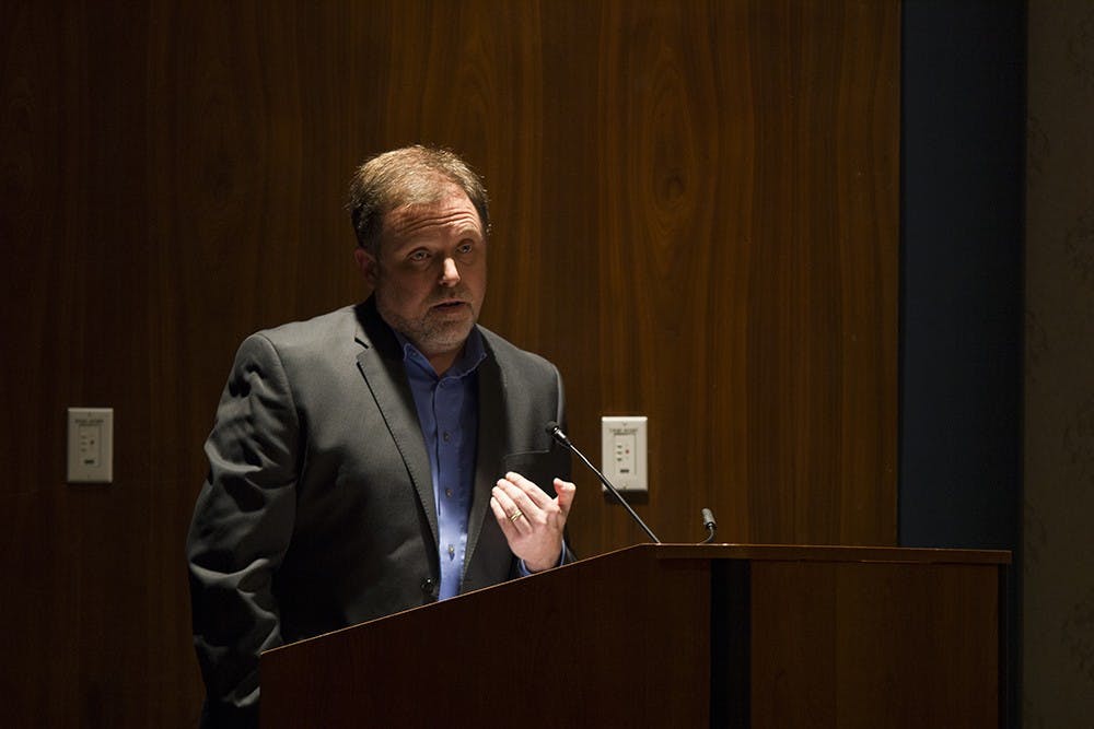 Anti-racism activist and writer Tim Wise speaks at the Whittenberger Auditorium.  Acknowledging white privilege in the media, Wise spoke of the modern racism and inequality.