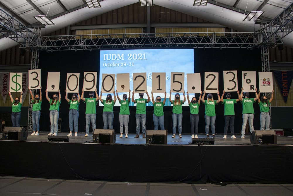 <p>IU Dance Marathon participants reveal the amount raised at the closing of IU Dance Marathon on Oct. 31, 2021, at the IU Tennis Center. The fundraising efforts go to Riley Hospital for Children in Indianapolis, Indiana.</p>