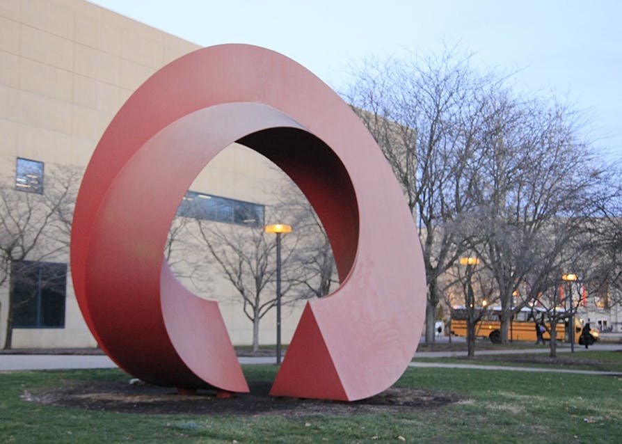 The Indiana Arc can be found outside of the IU Eskenazi Museum of Art. The statue is designed to allow two people to stand at opposite ends of the arch making it possible for them to hear each other, even if they are whispering.