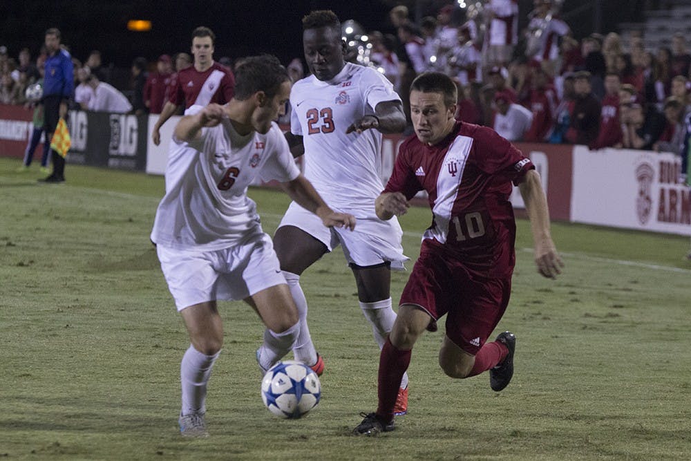 Tanner Thompson moves to pass a defender during the second half of game play against Ohio state on Oct. 10 at Jerry Yeagley Field. The Hoosiers lost 1-0 in overtime.