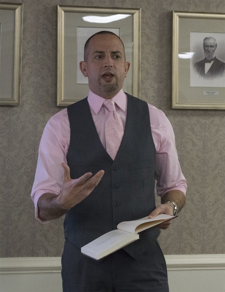 Assistant vice president for student affairs of northeastern Illinois University, Dr. Juan R. Guardia presents in the event named "Latino/a Fraternities and Sororities: Historic Beginnings, dentity Empowerment and Leadership Development" on Tuesday Night in he IMU Georgian Room. 