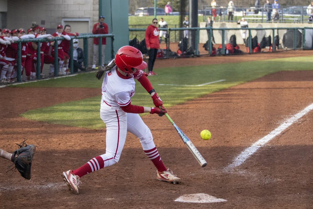 <p>Junior infielder Brooke Benson swings and makes contact on a pitch against Wisconsin March 5, 2023, at Andy Mohr Field. Indiana takes on Big Ten conference opponent Maryland this weekend.</p>