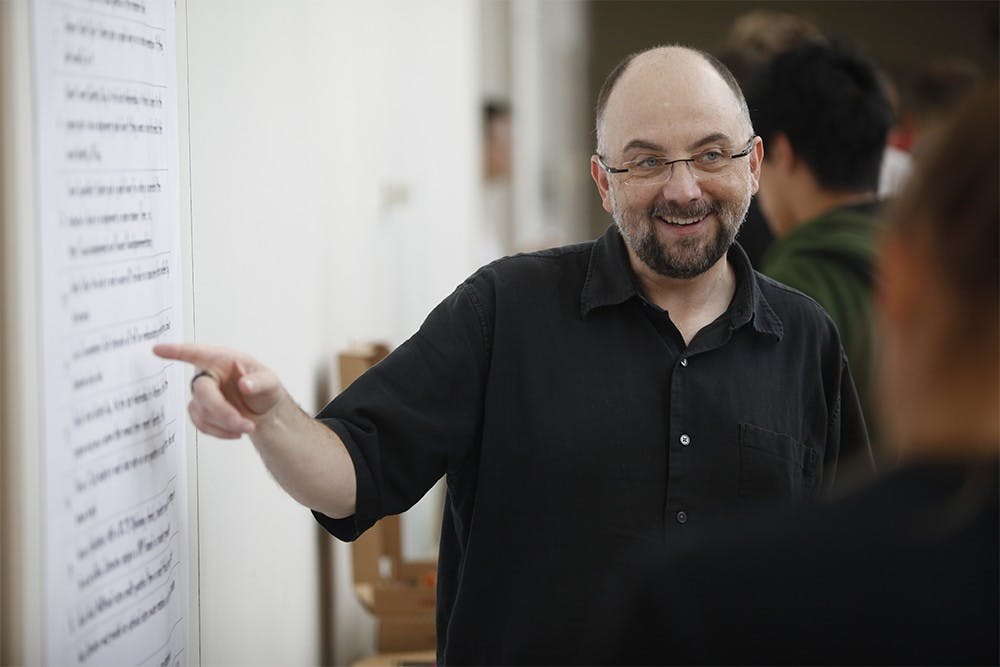 Professor Ted Castronova, the director of the game design major in the Media School, speaks with prospective students during the launch for the game design major at the Radio and Television Building on Tuesday.  Many of the attending students are members of Hoosier Games, an independent student group of video game developers.