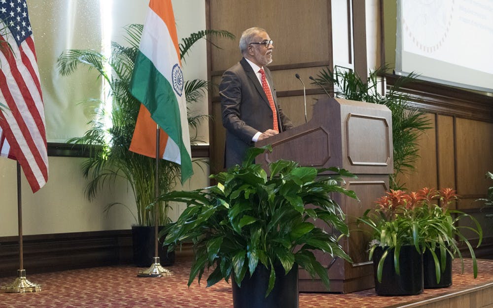 Dr. Narendra Jadhav speaks in Franklin Hall Monday afternoon as part of the 6th Annual Patrick O’Meara International Lecture. Jadhav, who is a member of Rajya Sabha, the upper house of the Indian Parliament, spoke on the topics of caste, race and economic growth. 