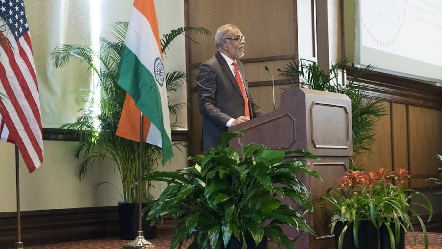 Dr. Narendra Jadhav speaks in Franklin Hall Monday afternoon as part of the 6th Annual Patrick O’Meara International Lecture. Jadhav, who is a member of Rajya Sabha, the upper house of the Indian Parliament, spoke on the topics of caste, race and economic growth. 