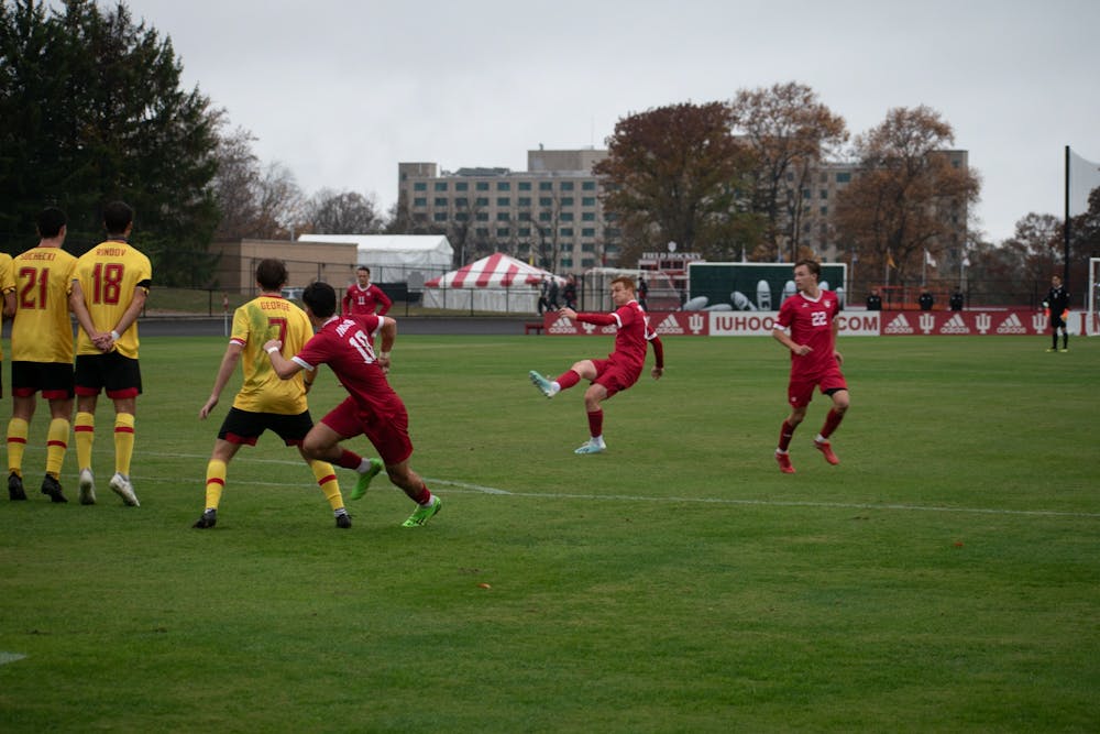 <p>Redshirt senior forward Ryan Wittenbrink shoots a free kick against Maryland Oct. 30, 2022, at Bill Armstrong Stadium. Wittenbrink scored the only goal for the Hoosiers.</p>