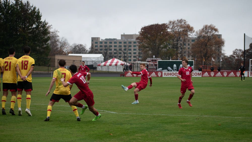 Redshirt senior forward Ryan Wittenbrink shoots a free kick against Maryland Oct. 30, 2022, at Bill Armstrong Stadium. Wittenbrink scored the only goal for the Hoosiers.
