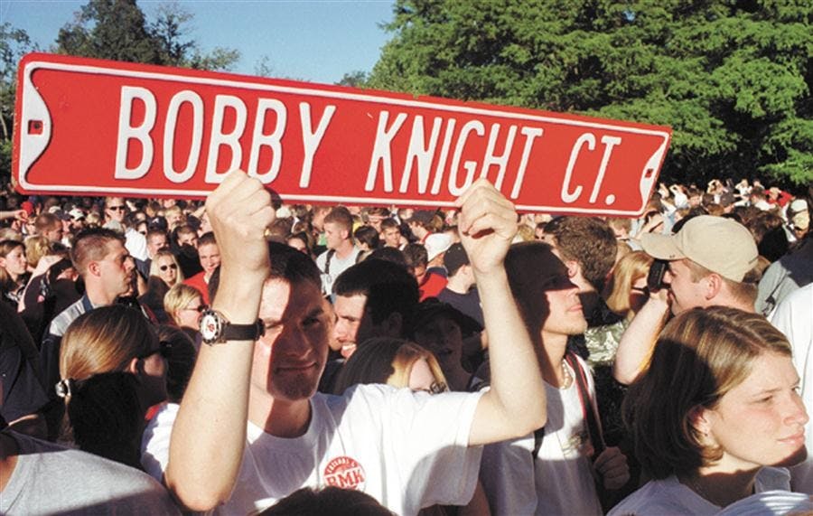 Then freshman David Herod holds up a sign minutes before the arrival of Bob Knight to his final student address in Dunn Meadow a few days after his termination as IU Basketball Head Coach.  With over six thousand students and every major news organization in the area it was a fitting send off for IU's most famous Basketball Coach.