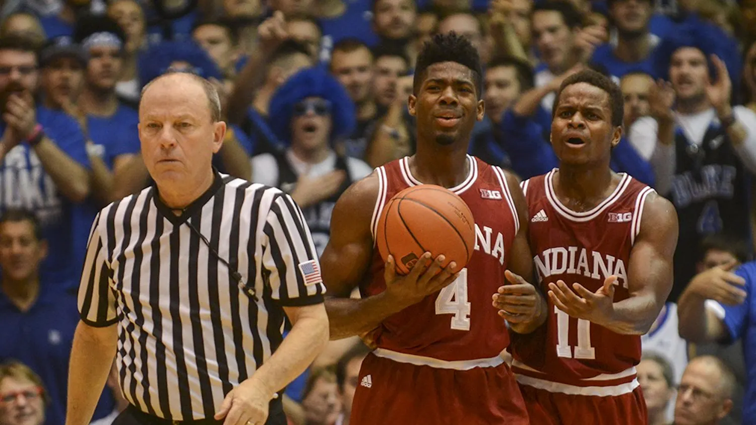 Sophomore guard Robert Johnson and senior guard Kevin "Yogi" Ferrell react to a techincal called on Johnson during the game against Duke on Wednesday at Cameron Indoor Stadium in Durham. The Hoosiers lost, 94-74.