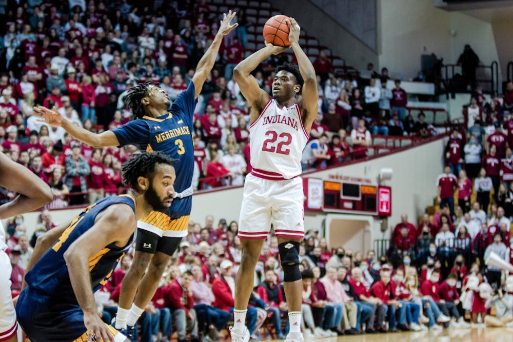 Sophmore forward Jordan Geronimo shoots the ball Dec. 12, 2021, at Simon Skjodt Assembly Hall. Indiana defeated Merrimack College 81-49, with Geronimo having 13 points and 13 rebounds.