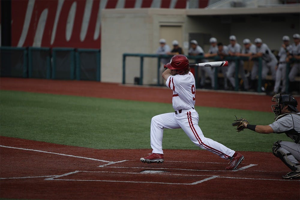 Casey Rodrigue grounds out during the Hoosiers's first at bat of the game on Saturday at Bart Kaufman Field.  The Hoosiers would go on to defeat the Long Beach State Dirtbags 7-2.
