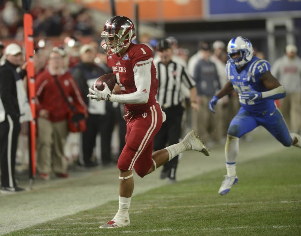 Wide receiver Simmie Cobbs, Jr. catches a pass during the Pinstripe Bowl against Duke on Dec. 26 at Yankee Stadium. The Hoosiers lost, 44-41 in overtime.