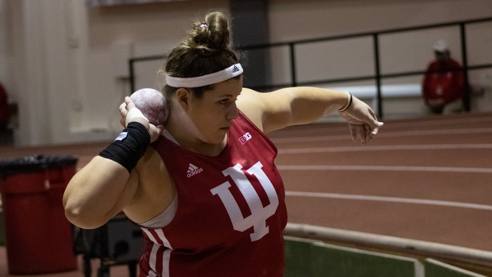 Senior Maddy Pollard competes in the shot put event at the Hoosier Hills meet Feb. 11, 2022, at Harry Gladstein Fieldhouse. Pollard was one of four members of the Indiana women&#x27;s track and field team to compete at the NCAA Championships on Sunday in Eugene, Oregon. 