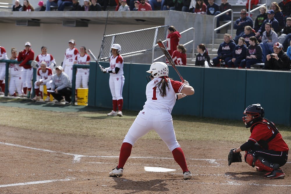 Senior In-Fielder Shannon Cawley prepares to swing her bat during IU's game against Rutgers on Sunday at the Andy Mohr Field. 