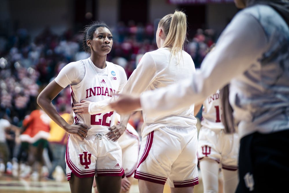 <p>Junior guard Chloe Moore-McNeil seen at the final buzzer March 20, 2023, at Simon Skjodt Assembly Hall in Bloomington. Miami defeated Indiana 70-68.</p>