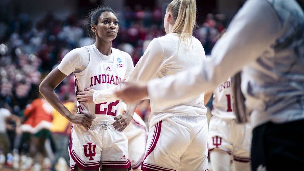 Junior guard Chloe Moore-McNeil seen at the final buzzer March 20, 2023, at Simon Skjodt Assembly Hall in Bloomington. Miami defeated Indiana 70-68.