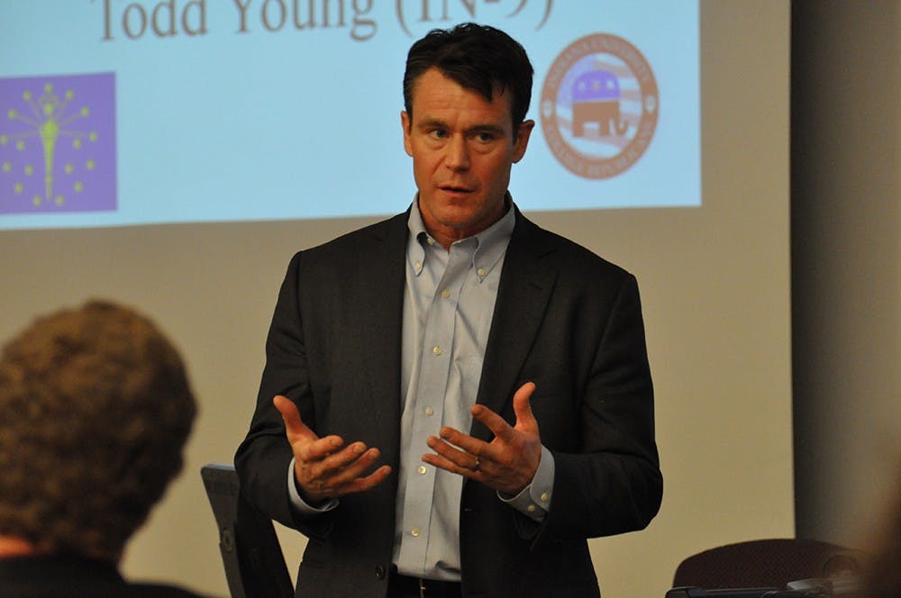 Indiana Rep. Todd Young, R-9th District, visits the IU campus to speak with the College Republicans at Indiana University on Monday evening. Young spoke at the Kelley School of Business to a group of about 30 people regarding his work on government committees. His remarks included discussion of Iran, employment, and taxes.