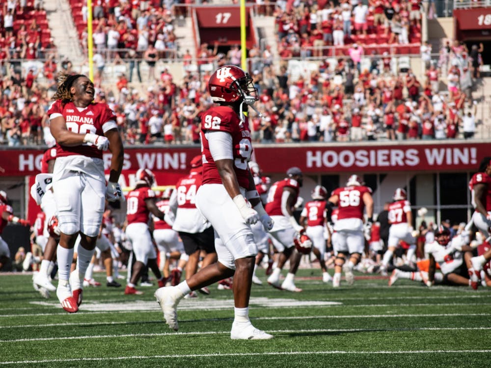 Redshirt senior offensive line backer Alfred Bryant celebrates Indiana&#x27;s win against Western Kentucky University on Sept. 17, 2022, at Memorial Stadium. Indiana defeated Western Kentucky 33-30 and improved to a 3-0 record.