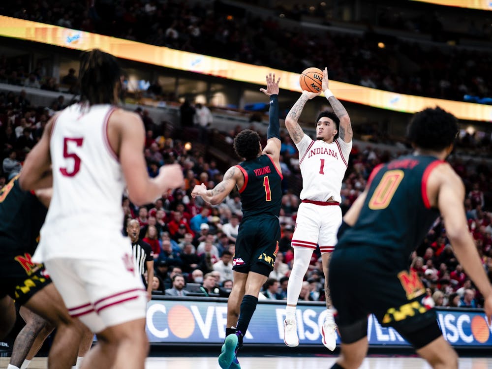 Freshman guard Jalen Hood-Schifino shoots a jumper on March 10, 2023, at the United Center in Chicago. Indiana defeated Maryland 70-60.
