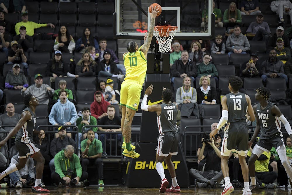 <p>Kel&#x27;el Ware dunks the ball at Matthew Knight Arena in Eugene, Oregon, on Dec. 1, 2022 (Isaac Wasserman/ Eric Evans Photography). Ware announced his transfer to Indiana on Monday.</p>