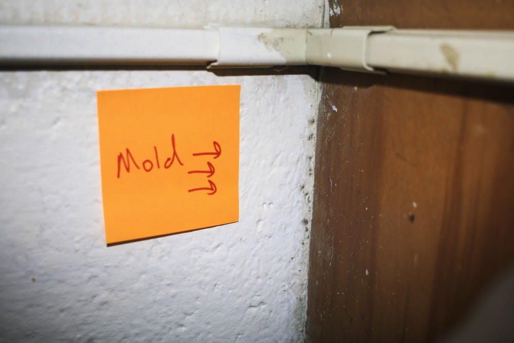 <p>Mold has been labeled on the walls and windows of freshman Daniel Wang's room Nov. 29 in McNutt Quad. Wang labeled the mold himself so it was easier for inspectors to find.&nbsp;</p>