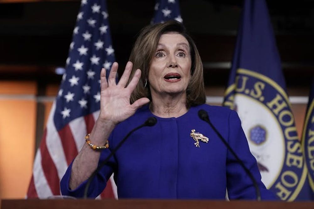 <p>Speaker of the House Nancy Pelosi speaks in Washington D.C. Pelosi has been holding onto the impeachment articles. </p>