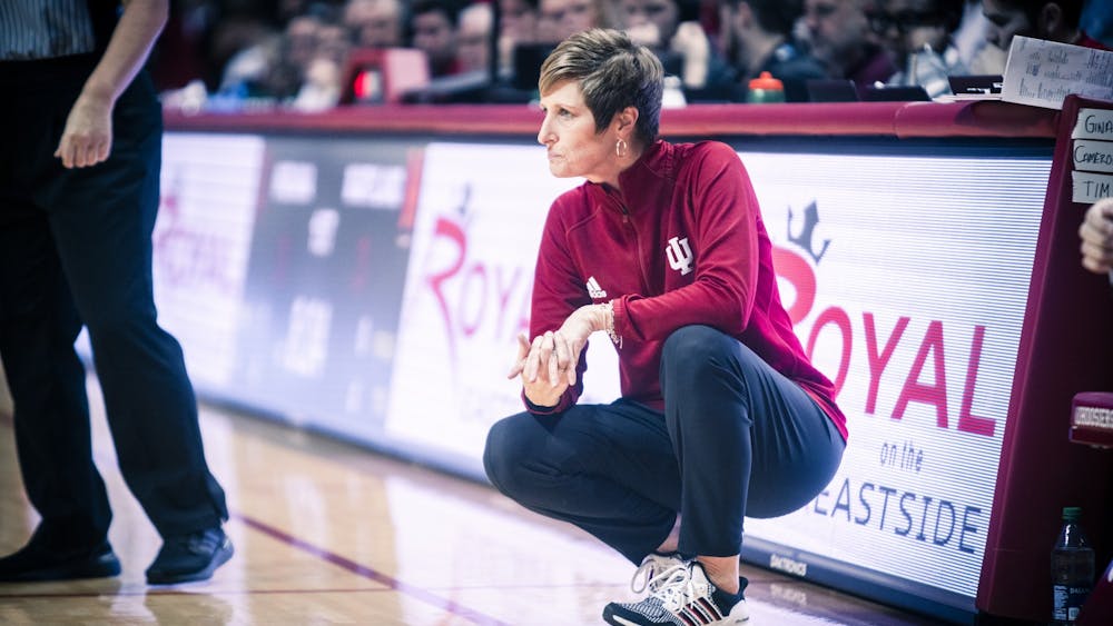 Head Coach Teri Moren looks towards the court Jan. 12, 2023 at Simon Skjodt Assembly Hall in Bloomington, Indiana. The Hoosiers beat the Illini 83-72 in Urbana-Champaign on Wednesday.