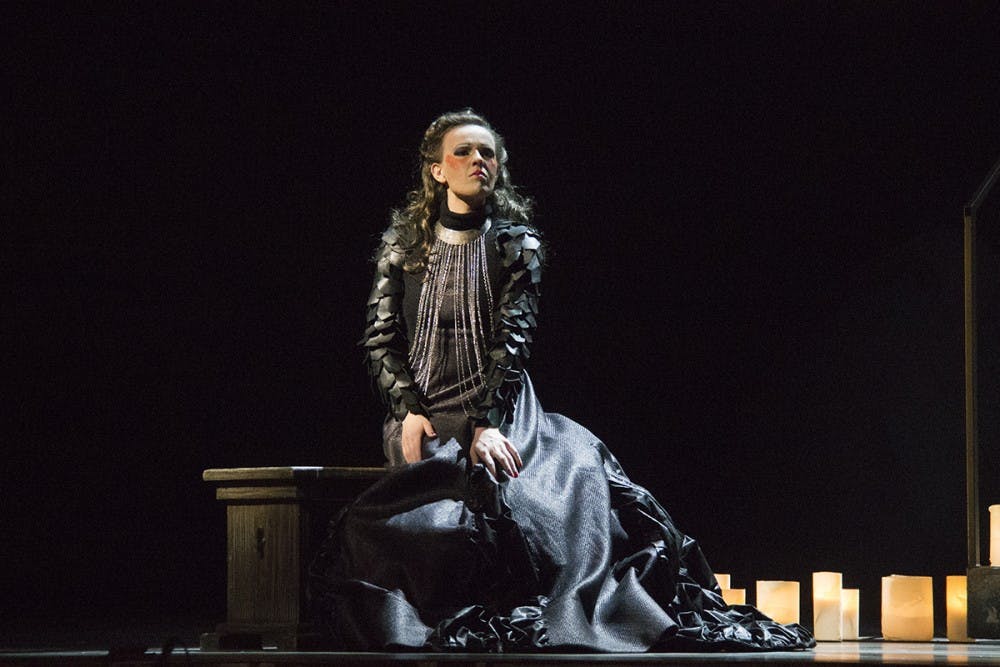 Ashley Valentine sings the role of Rodelinda, a grieving widow, in Act I, Scene 2, of the IU Opera and Ballet's production of "Rodelinda" by George Frideric Handel.