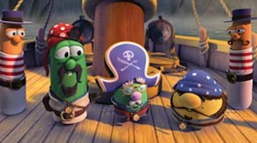 (L to R, center) ELLIOT, SEDGEWICK and GEORGE (flanked by two STEADFAST SOLDIERS) in an animated comedy about the misadventures of three veggie pals who reluctantly set sail for adventure: "The Pirates Who Don?t Do Anything--A VeggieTales Movie".