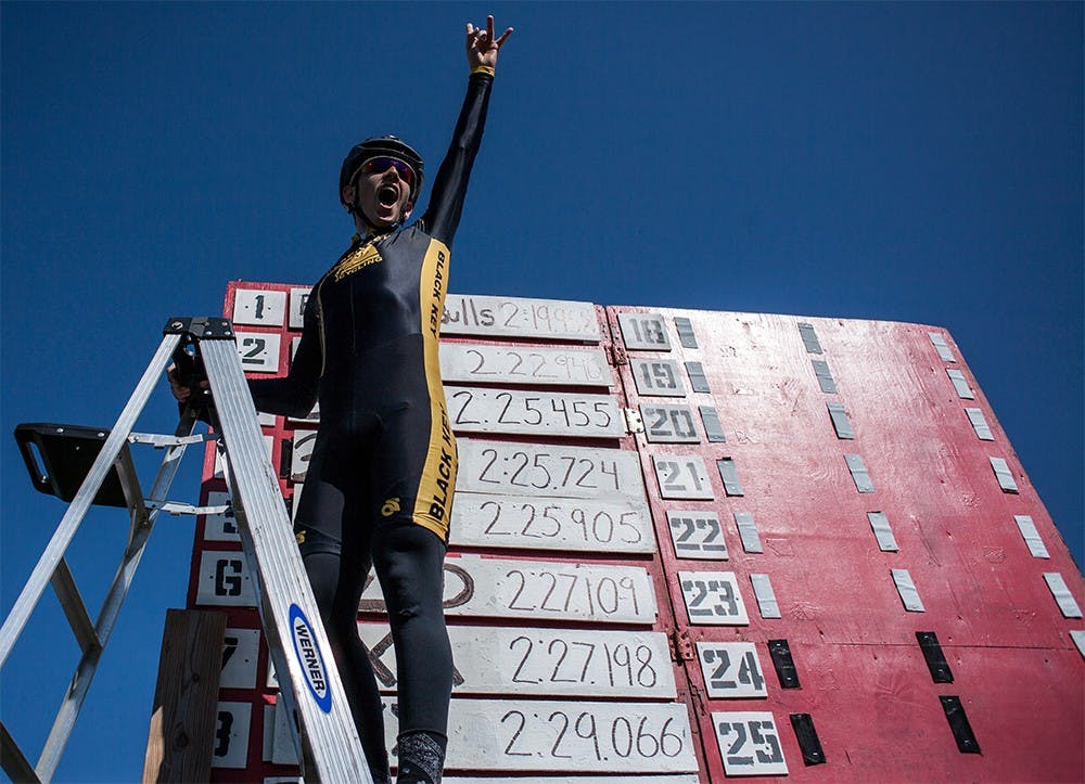 Black Key Bulls rider Noah Voyles cheers after placing BKB's qualifying time on the board. BKB earned a third place starting spot in the Little 500 race. with a qualifying time of 2:19.95. The Cutters will ride in the first position, followed by Delta Tau Delta in the second position.