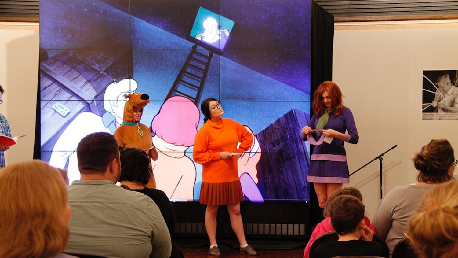 Scooby-Doo, Velma and Daphne, played by student cosplayers Kristen Pimley, Erin Garman and Alexa Lively, led efforts to solve the mystery of the missing butter churn during the "Mystery at the Museum" event Sunday afternoon at Mathers.&nbsp;