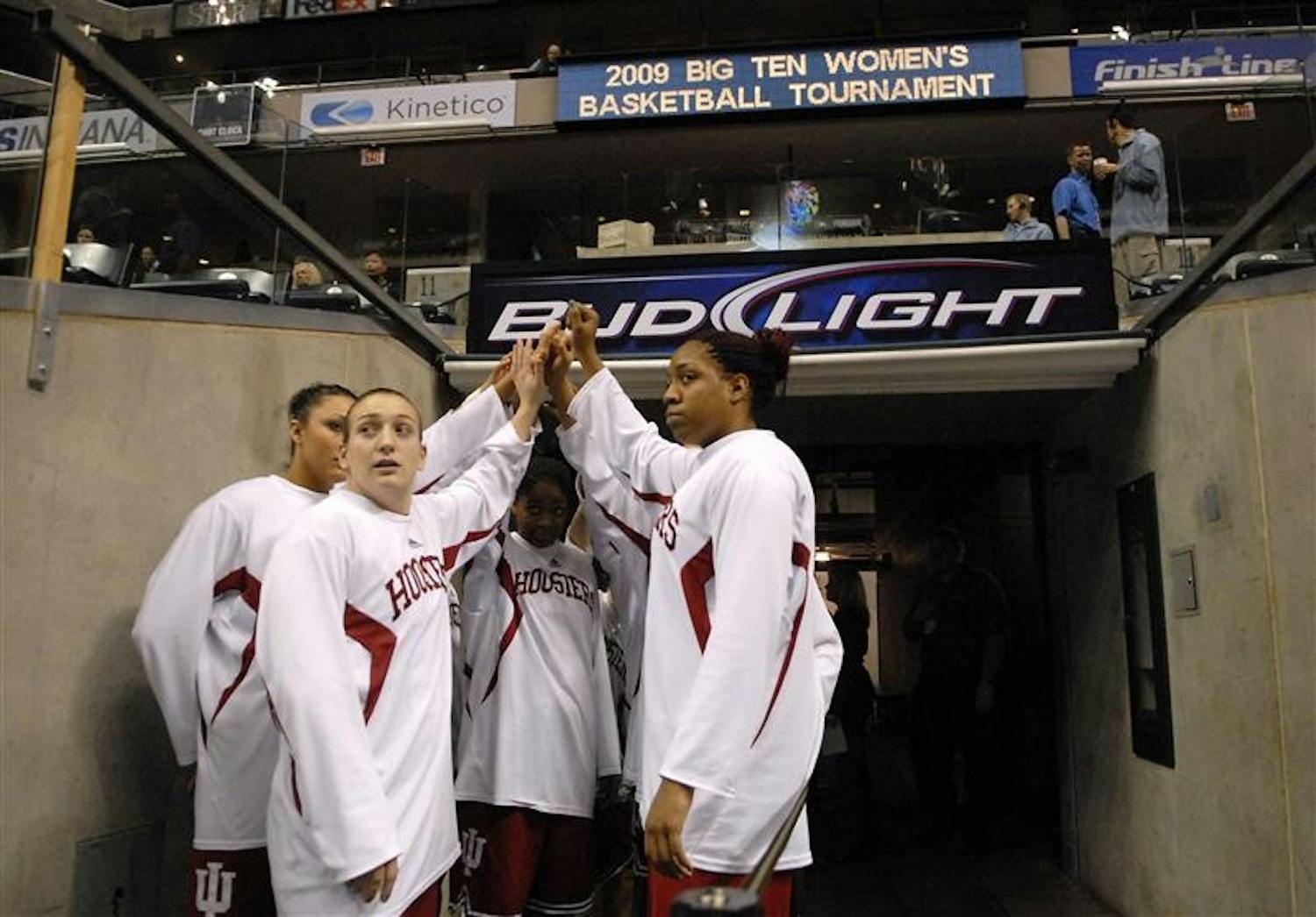 Members of the IU basketball team huddle up before taking the court for a game against Purdue during the second round of the Big Ten Tournament on March 6 at Conseco Fieldhouse in Indianapolis.