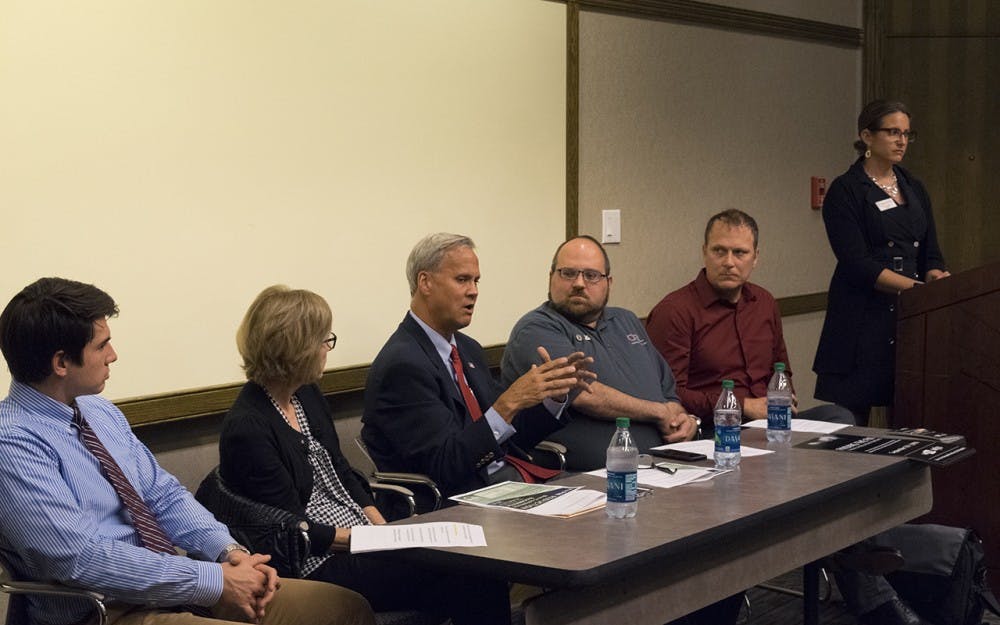 Indiana Senator Jim Merritt speaks at the Pathways to Recovery panel discussion Wednesday night at the IMU. Panel members discussed legislative, medical, and volunteer efforts to curtail the opioid epidemic. 