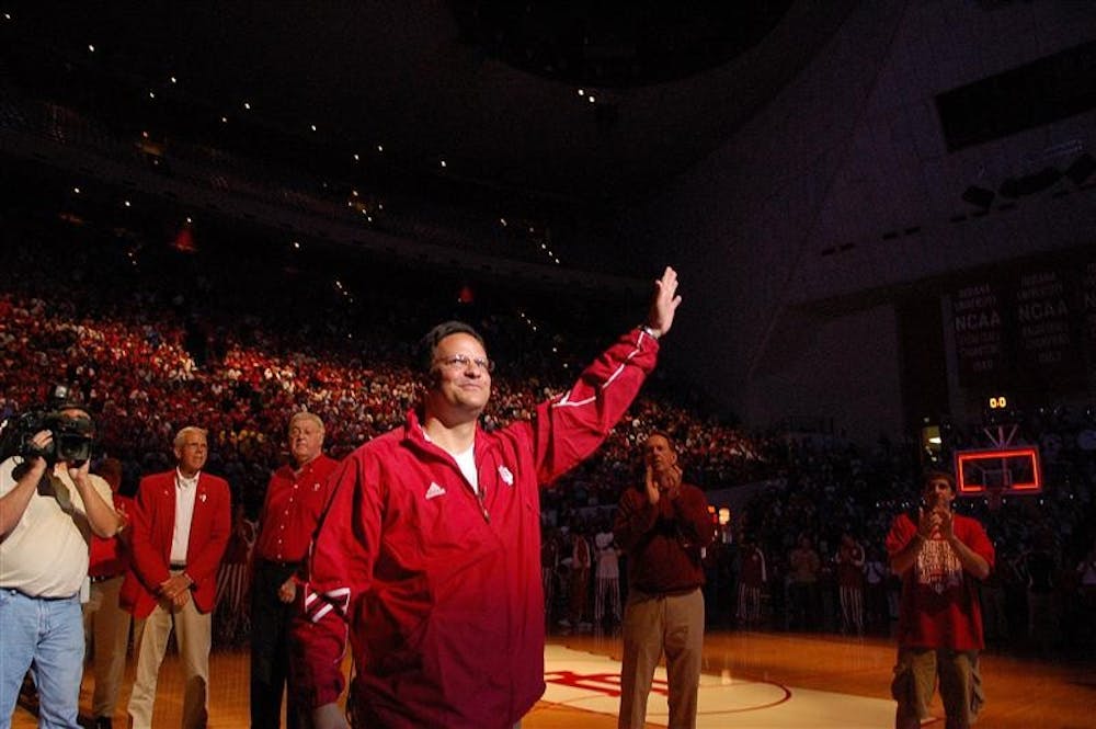 IU men's basketball coach Tom Crean waves to the crowd at Hoosier Hysteria on Friday night at Assembly Hall.
