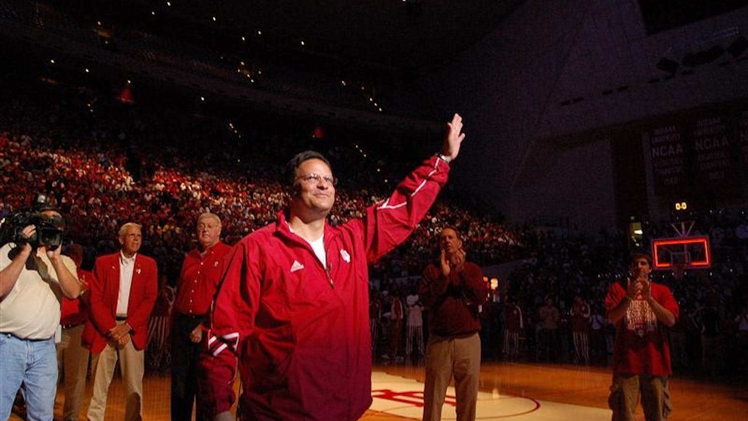 IU men's basketball coach Tom Crean waves to the crowd at Hoosier Hysteria on Friday night at Assembly Hall.
