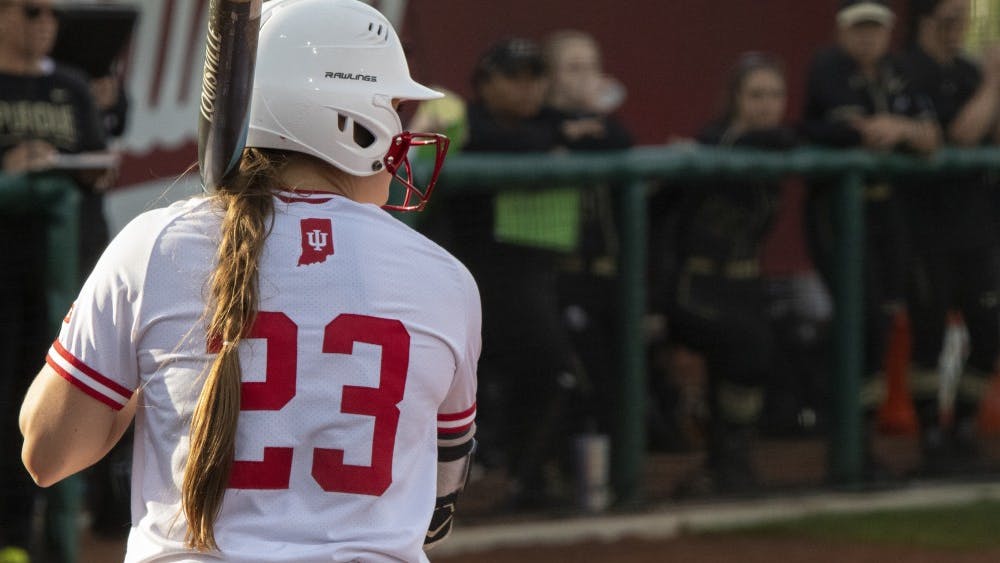 Junior outfielder Gabbi Jenkins steps up to the plate April 10 during the first game in the doubleheader against Purdue. IU defeated Purdue, 2-1.