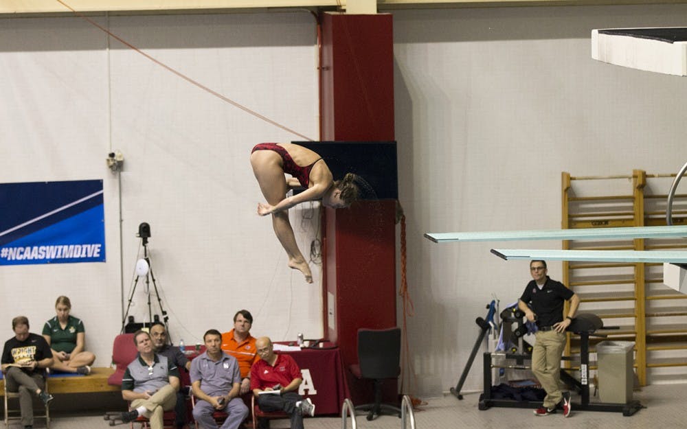 &nbsp;IU senior&nbsp;Michal Bower completes her round three dive at the NCAA Diving Zone C Championships. She qualified for the NCAA Championships to be held in Indianapolis later this week.