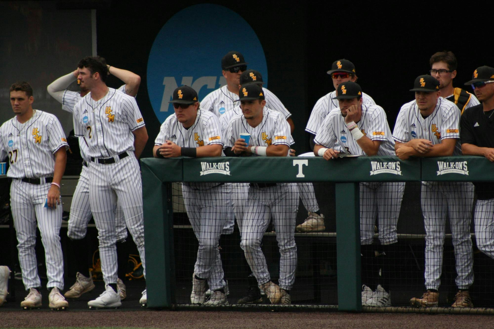 University of Southern Mississippi players watch the first game of the Knoxville Regional slip out of their grasp May 31. Indiana defeated the Golden Eagles, 8-4.