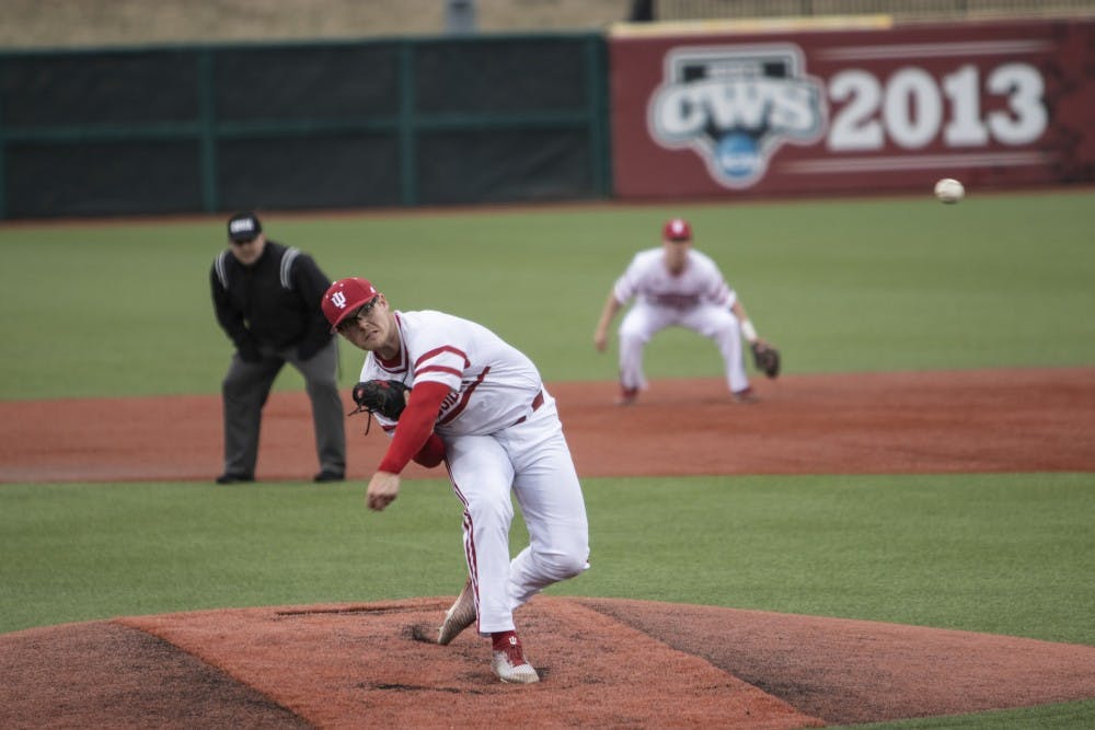 <p>Junior left-hand specialist Andrew Saalfrank pitches the ball Feb. 27 at Bart Kaufman Field. IU will face Indiana State University on March 19. </p>