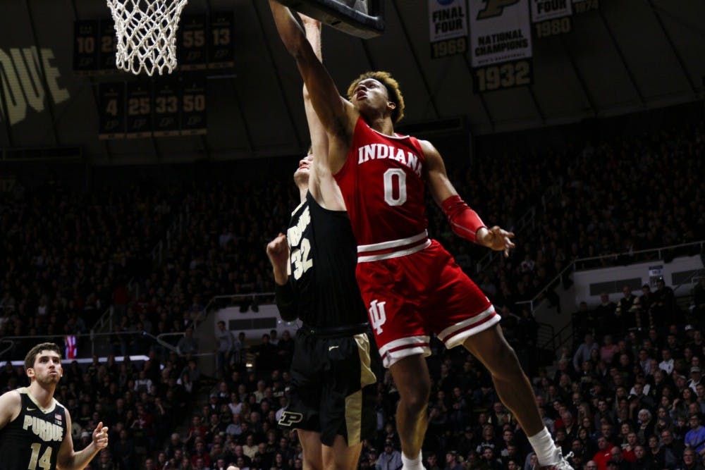 <p>Freshman guard Romeo Langford reaches for the layup against Purdue on Jan. 19 at Mackey Arena. Langford scored four out of IU's 55 points by in the loss.</p>