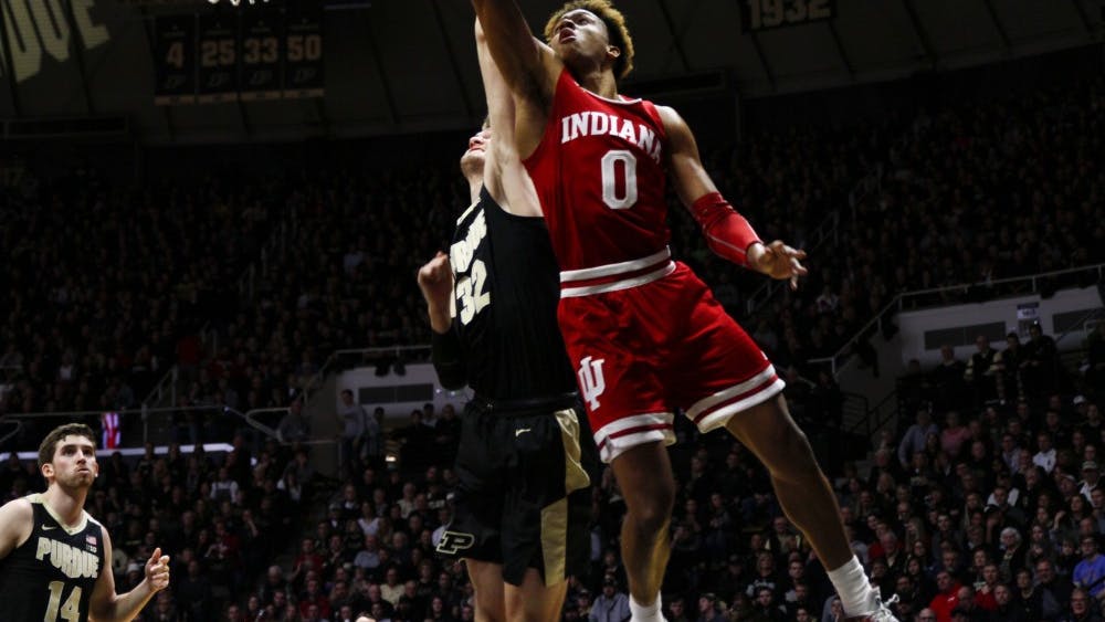 Freshman guard Romeo Langford reaches for the layup against Purdue on Jan. 19 at Mackey Arena. Langford scored four out of IU's 55 points by in the loss.