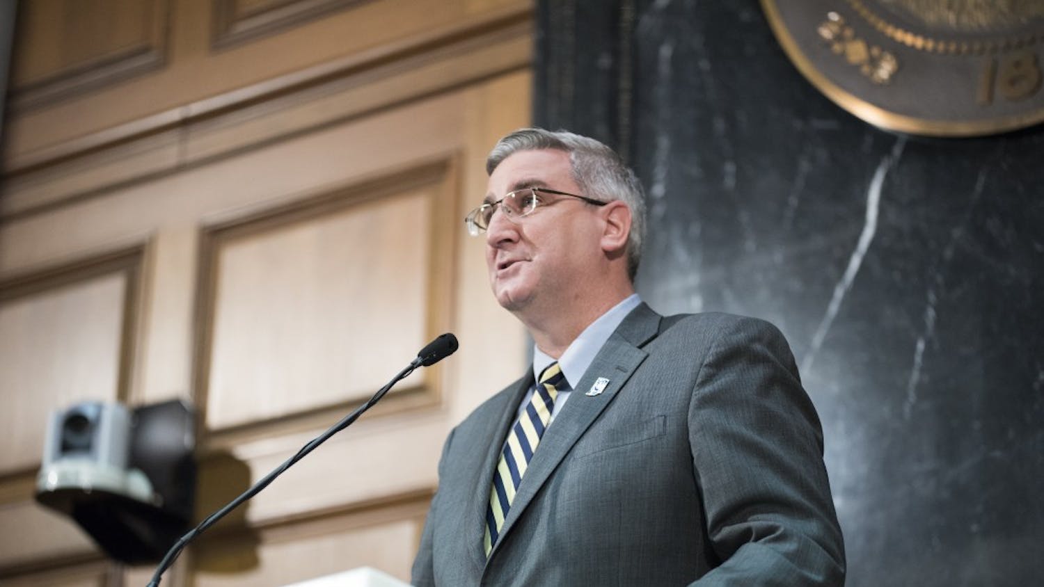 Gov. Eric Holcomb talks to the state legislators and other invited guests at his first State of the State address on Jan. 17, 2017, in the Indiana Statehouse.&nbsp;Bloomington is suing Gov. Holcomb after the city's failed 2017 annexation attempt was blocked by the state legislature.
