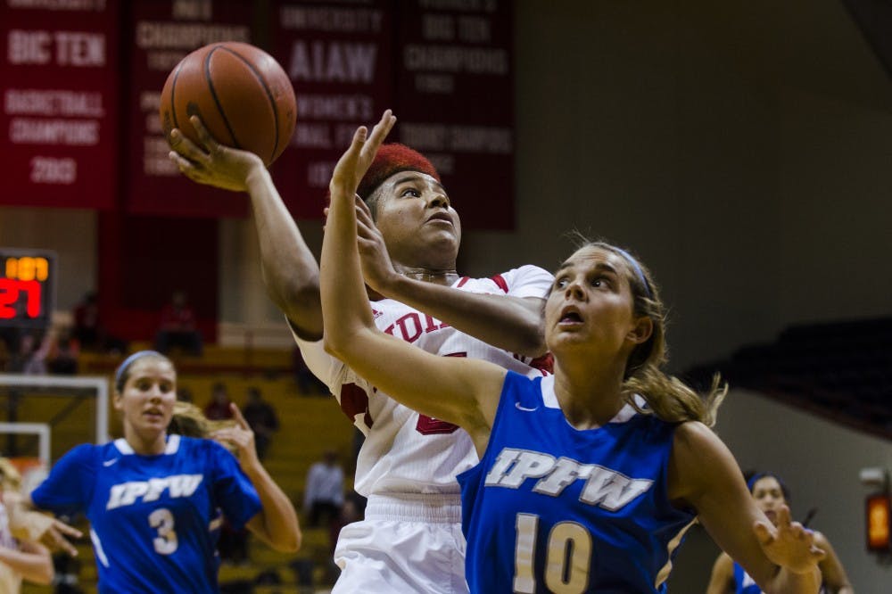 Sophomore guard Larryn Brooks shoots a layup over IPFW defender Haley Seibert on Wednesday at Assembly Hall. The Hoosier won 80-37 and advanced to 8-1.  