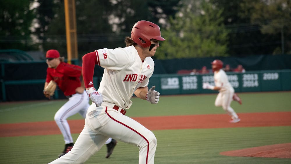 Sophomore first baseman Brock Tibbitts runs to first April 18, 2023, against Louisville at Bart Kaufman Field in Bloomington. This weekend, the Hoosiers take on Ohio University in a three-game series.