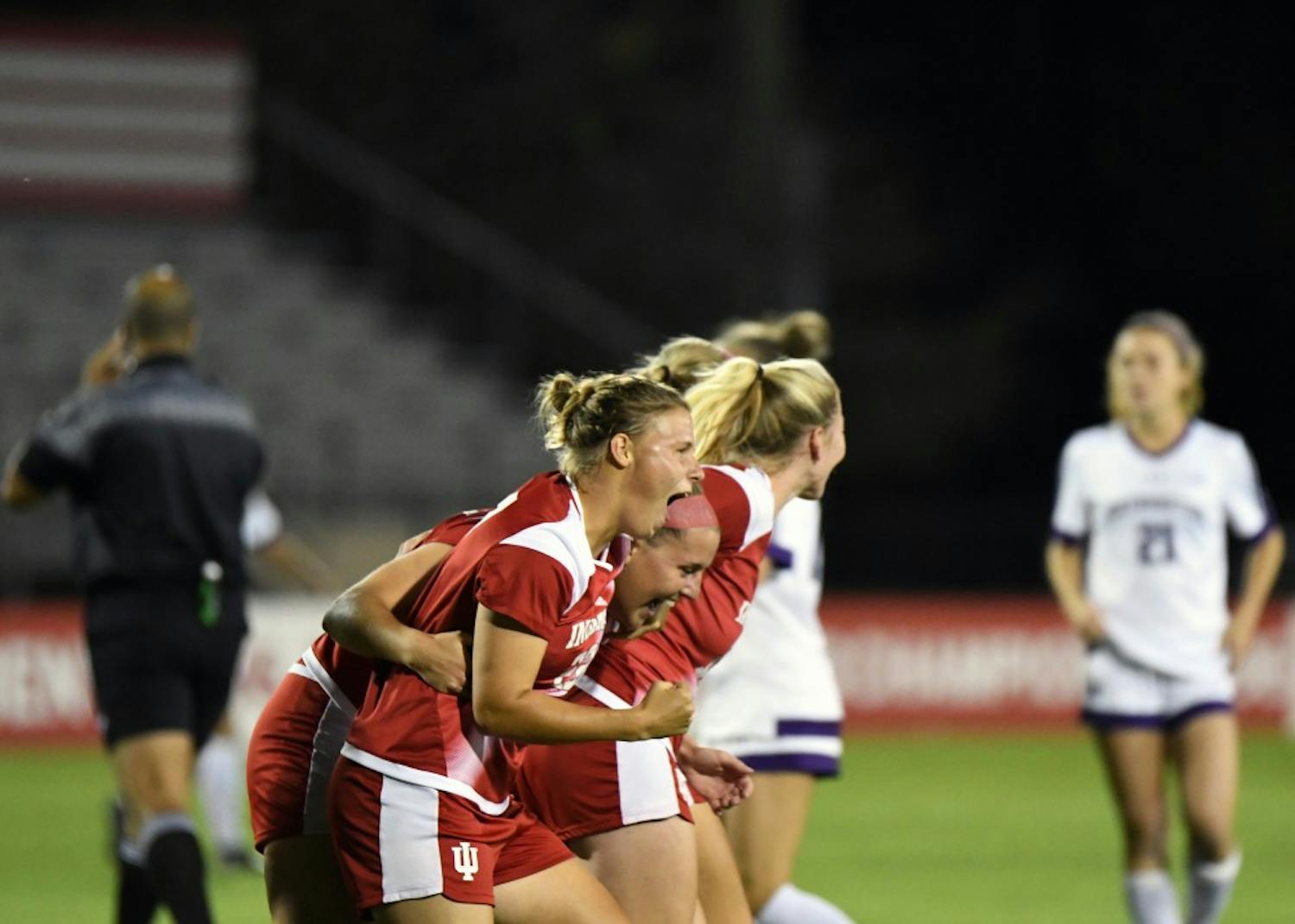 IU celebrates after Maya Piper scores a goal in the first minute against Northwestern on Sept. 28, 2017, at Bill Armstrong Stadium. The Hoosiers begin their 2018 season on Friday, August 17 in Bloomington.
