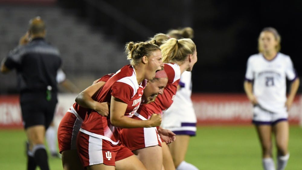 IU celebrates after Maya Piper scores a goal in the first minute against Northwestern on Sept. 28, 2017, at Bill Armstrong Stadium. The Hoosiers begin their 2018 season on Friday, August 17 in Bloomington.