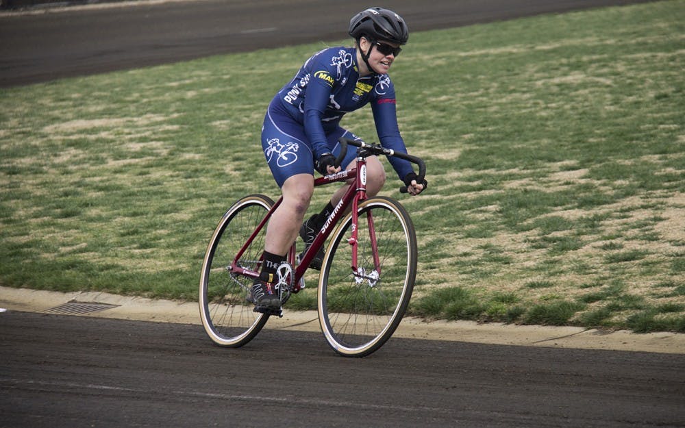 Kappa Alpha Theta finishes their fourth lap in the Little 500 Qualifications at Bill Armstrong Stadium. The sorority team ended in second place with a time of 2:37.368.
